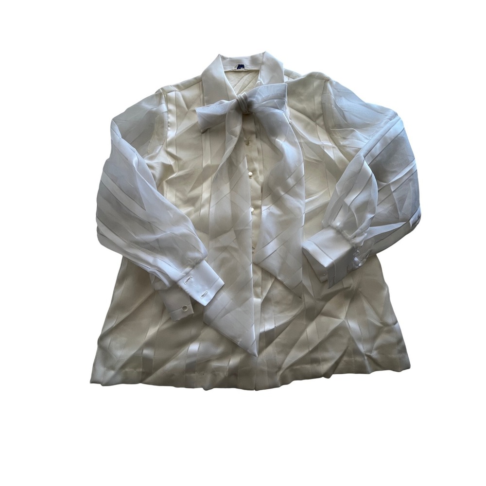 Vintage Mardi Modes NY Sheer Striped Bow Blouse Cream ILGWU Union Made